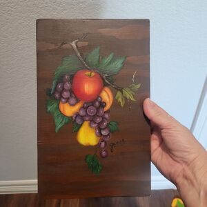 Original Acrylic Painting Still Life Art Fruit leaves Wood Plaque Signed Grace